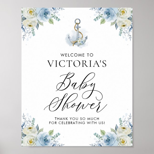 Poster Baby shower marin bleu et blanc Floral Accueil (Devant)