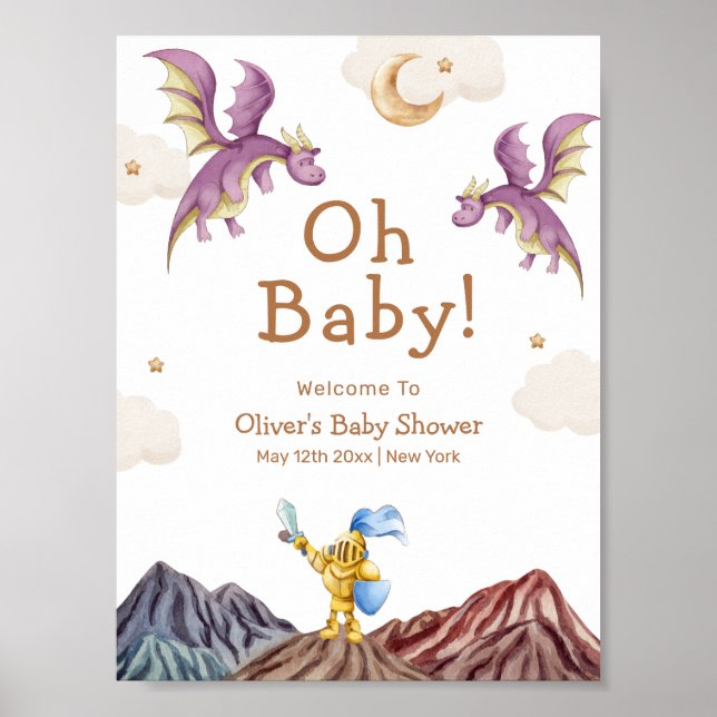 Poster Baby shower médiéval Fairytale Dragon Boy Bienvenu (Devant)