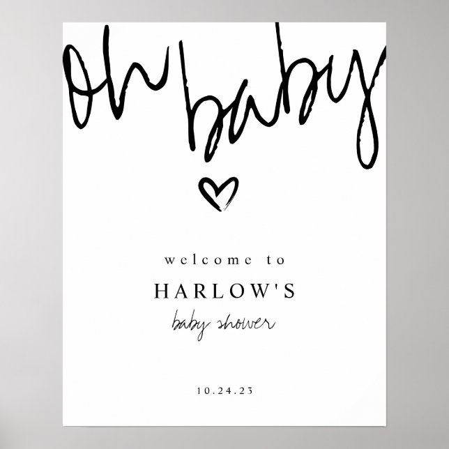 Poster Baby shower moderne Oh Baby noir et blanc Accueil (Devant)