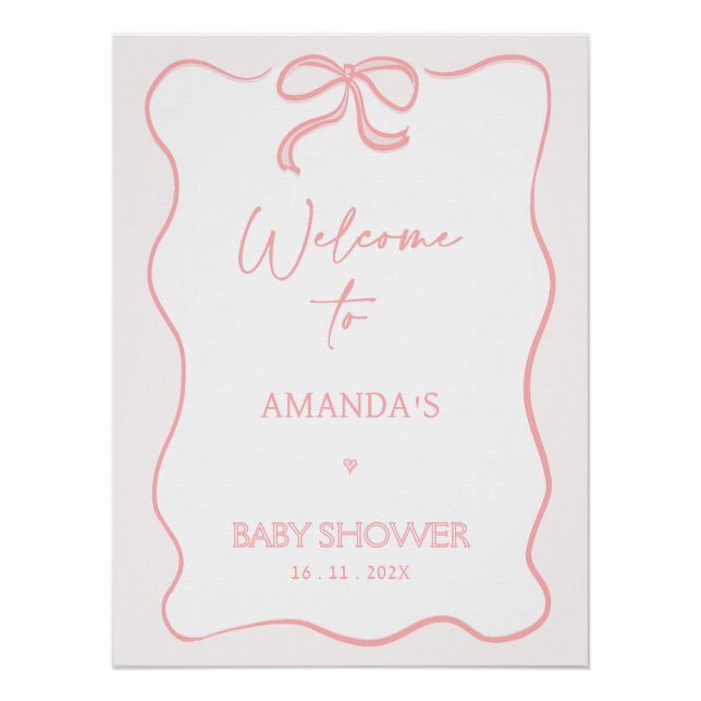 Poster Baby shower moderne rose fille Bow accueil (Devant)
