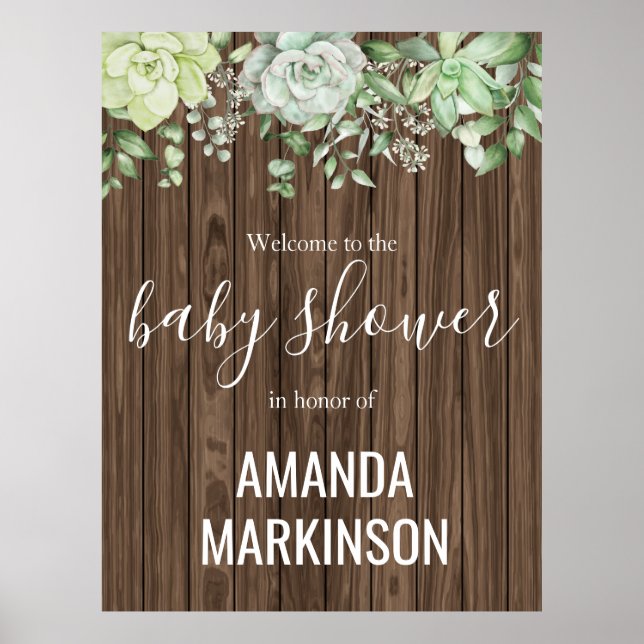 Poster Baby shower moderne rustique vert Succulent (Devant)