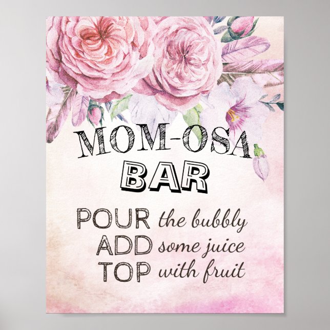Poster Baby shower MOM-OSA BAR Signal Boho Fleurs Plumes (Devant)