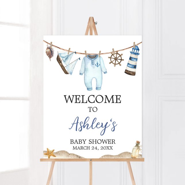 Poster Baby shower nautique Ahoy (Nautical Ahoy Baby Shower Welcome Sign)