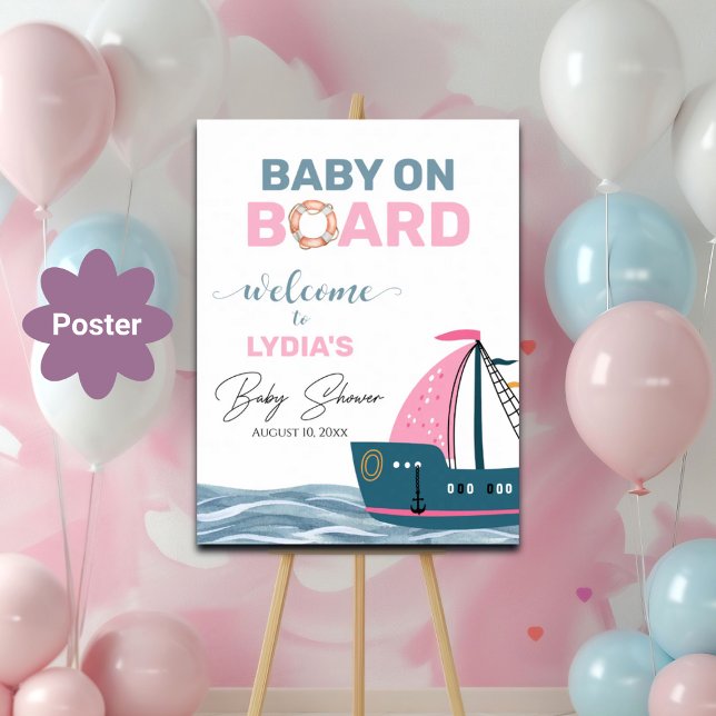 Poster Baby shower nautique rose (Créateur téléchargé)