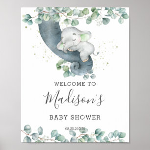 Poster Baby shower neutre éléphant vert Bienvenue