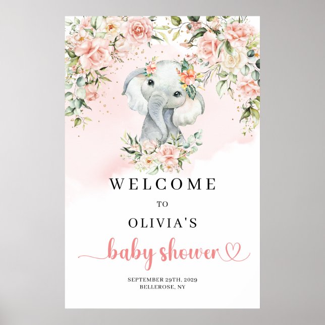 Poster Baby shower or brun pour bébé éléphant mignon Bien (Devant)