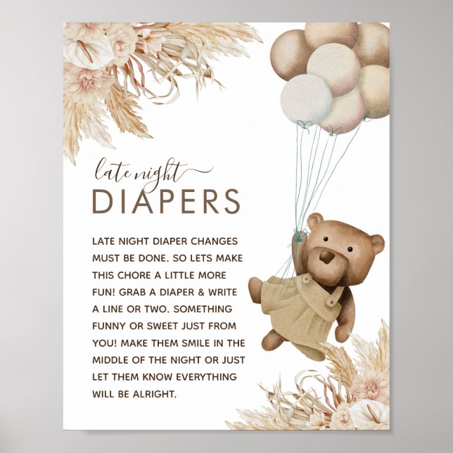 Poster Baby shower Ours Boho 'Late Night Diaper' (Devant)