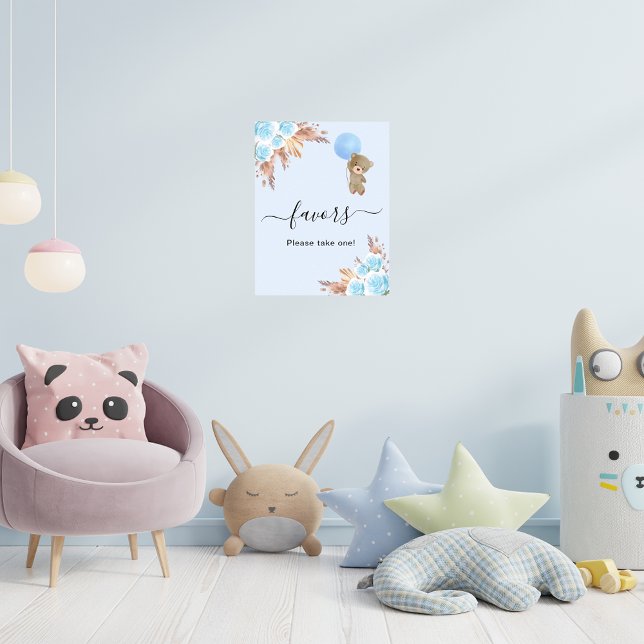 Poster Baby shower ours en peluche bleu pampas herbe fave (Créateur téléchargé)