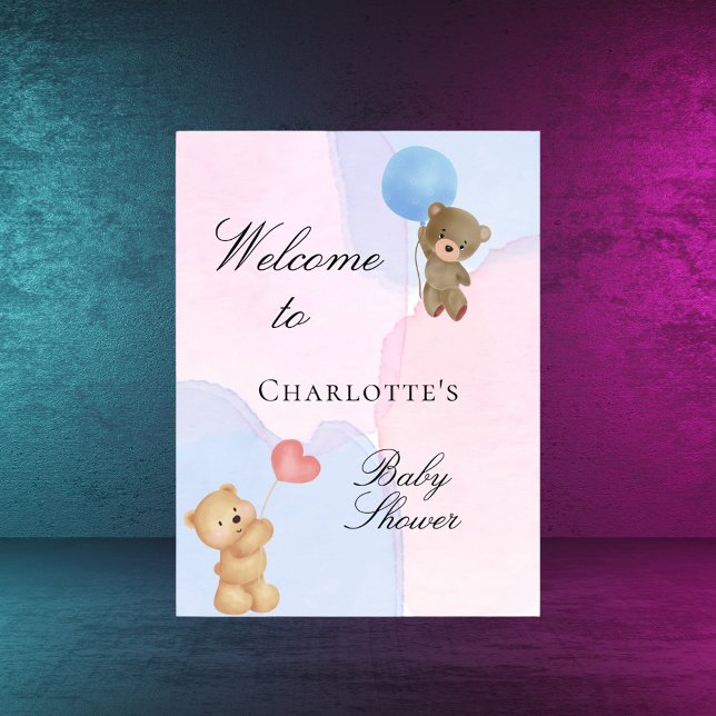 Poster Baby shower ours en peluche bleu rose sexe révéler (Créateur téléchargé)