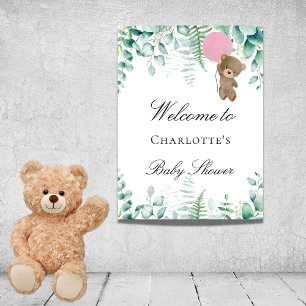 Poster Baby shower ourson fille forêt d'eucalyptus rose