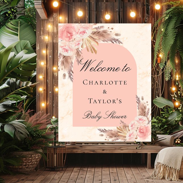 Poster Baby shower pampas herbe rose or blush accueil (Créateur téléchargé)