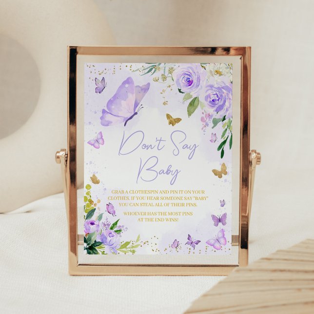 Poster Baby shower papillon pourpre Ne pas dire bébé (Girl Floral Butterfly Baby Shower Don't Say Baby Sign)
