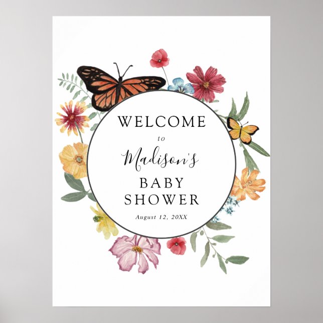 Poster Baby shower papillon pré-fleuri Bienvenue (Devant)