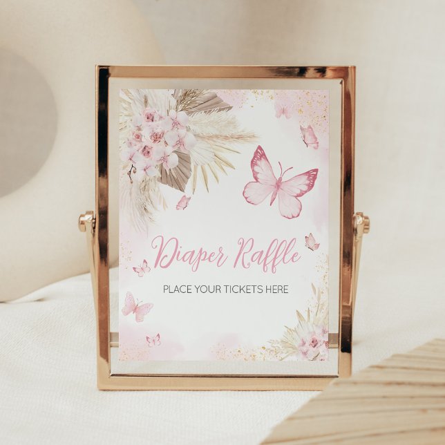 Poster Baby shower Papillon rose Barreau (Girl Butterfly Pampas Grass Baby Shower Diaper Raffle Sign
)