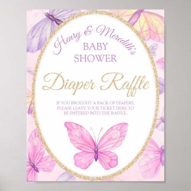 Poster Baby shower Papillon rose et pourpre Refus de couc (Devant)