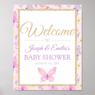 Poster Baby shower papillon rose et violet Bienvenue