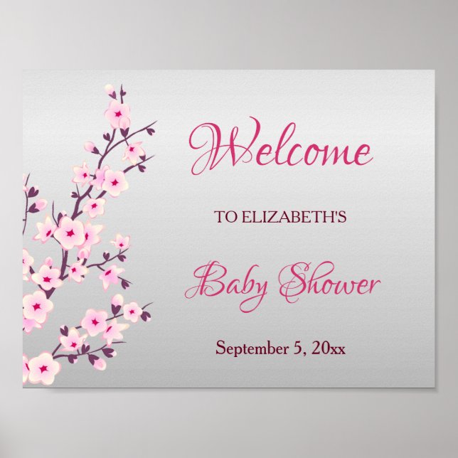Poster Baby shower personnalisé rose gris cerise (Devant)