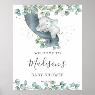 Poster Baby shower petit éléphant vert Bienvenue