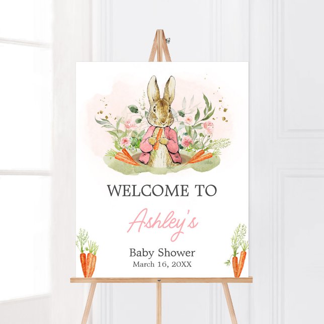 Poster Baby shower Pierre rose Rabbit Bienvenue (A Little Bunny Spring Baby Shower Welcome Sign)