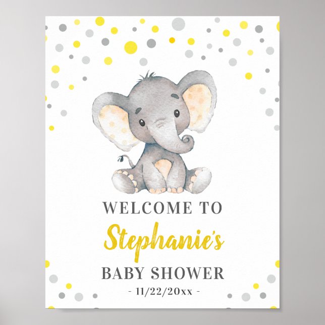 Poster Baby shower Pointe d'éléphant gris jaune Bienvenue (Devant)