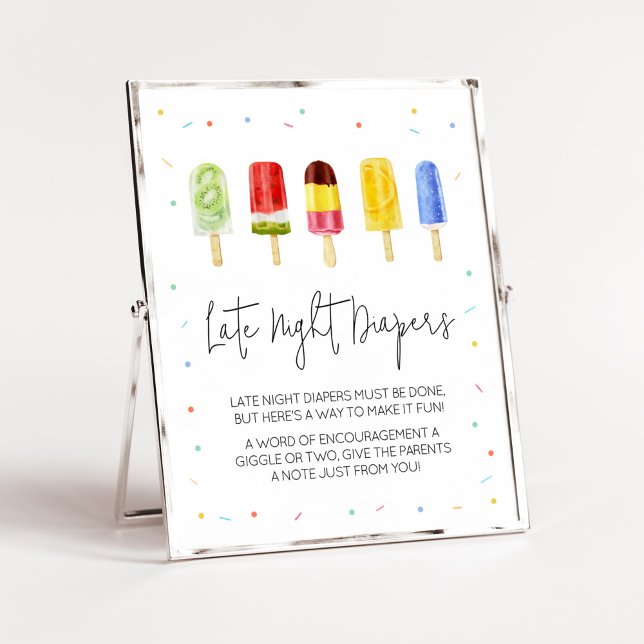 Poster Baby shower Popsicle Late Night Diapers (Ready to Pop Baby Shower Late Night Diapers Sign)