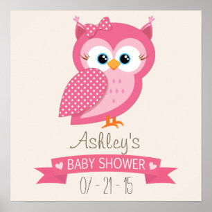 Poster Baby shower Pot Owl rose et blanc