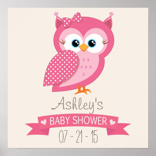 Poster Baby shower Pot Owl rose et blanc (Devant)