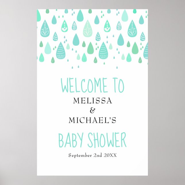 Poster Baby shower Raindrops mignon / Bienvenue à l'arros (Devant)
