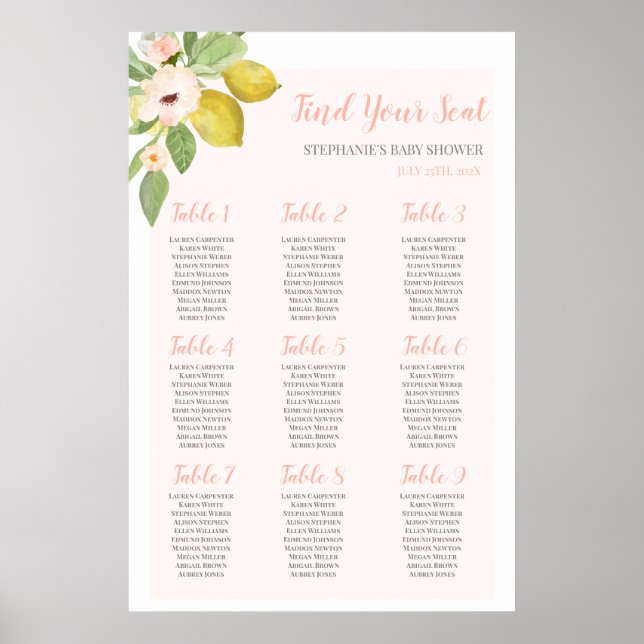 Poster Baby shower rose citron - Carte de siège pour fill (Devant)