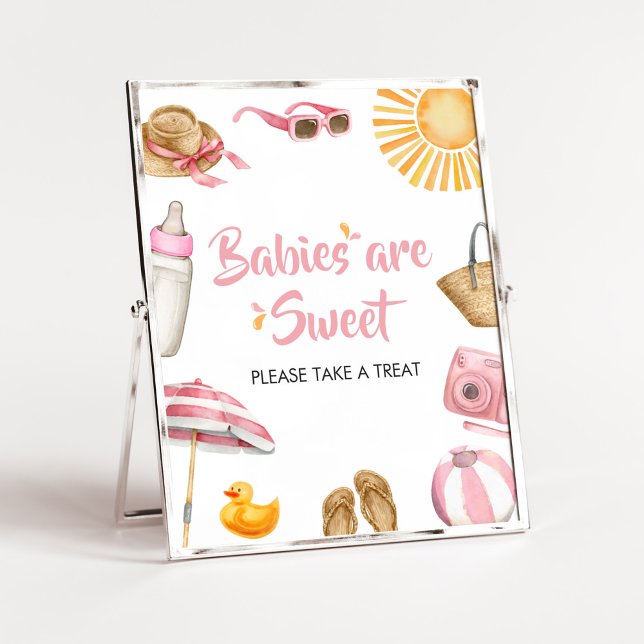 Poster Baby shower rose éclaboussé Les bébés sont doux (Girl Summer Beach Baby Shower Babies are Sweet Sign)