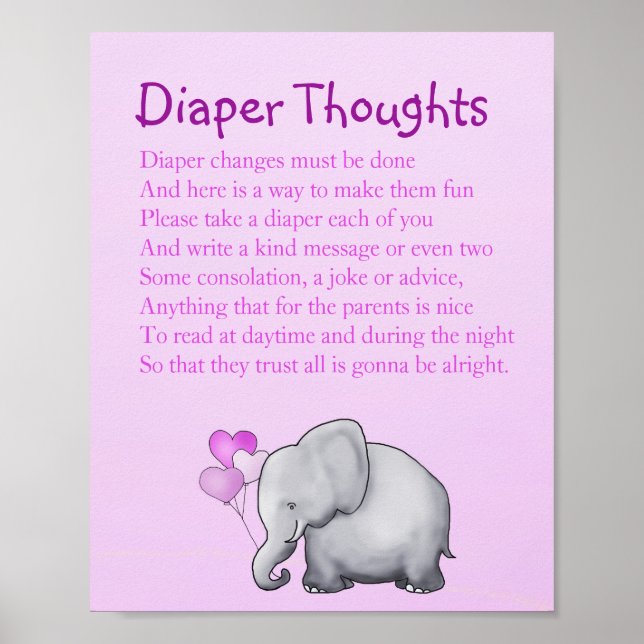 Poster Baby shower rose Eléphant Diaper Pensées Jeu (Devant)
