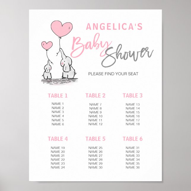 Poster BABY SHOWER rose Elephant Girl Seating Chart (Devant)