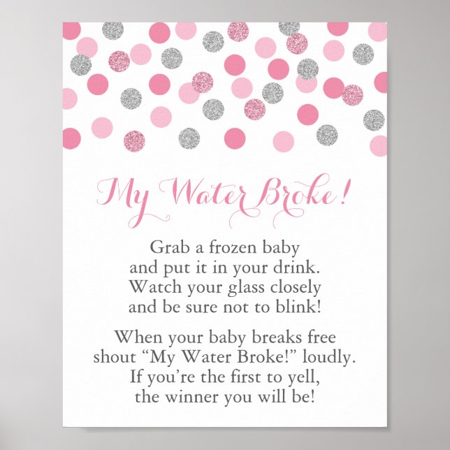 Poster Baby shower rose et argent My Water Broke Jeu (Devant)