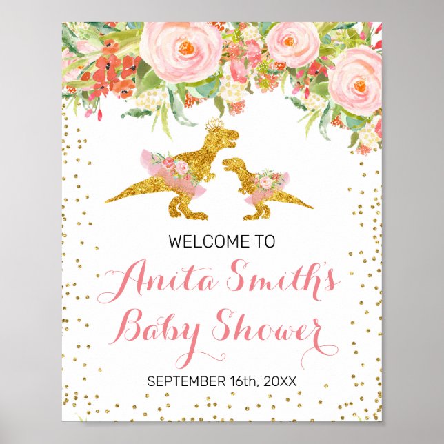 Poster Baby shower rose et or Dino signe de bienvenue (Devant)