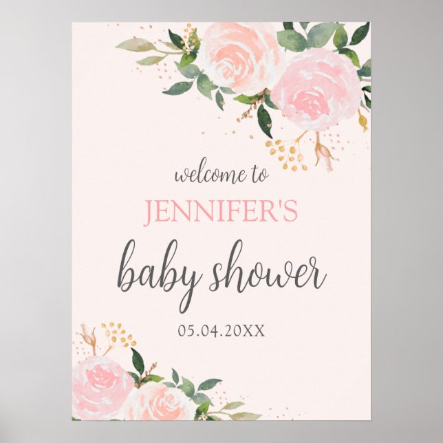 Poster Baby shower rose Floral Accueil (Devant)