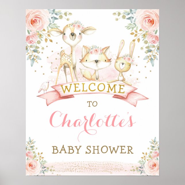 Poster Baby shower rose Floral Bois Animaux Bienvenue (Devant)