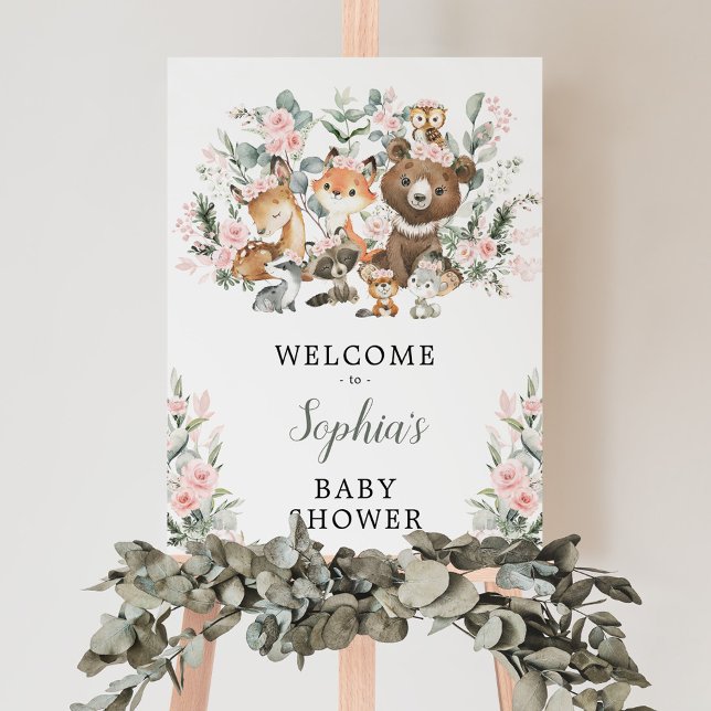 Poster Baby shower rose Floral Bois Animaux Bienvenue (Créateur téléchargé)