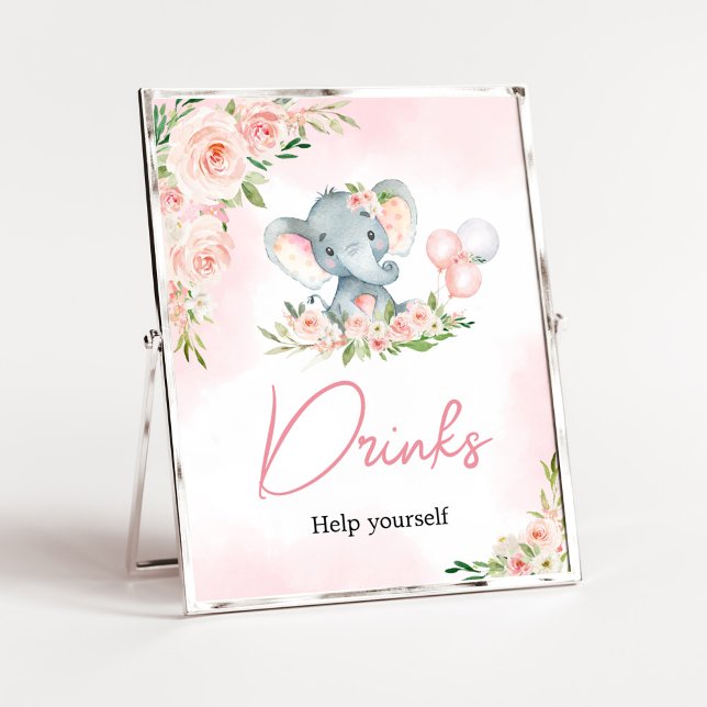 Poster Baby shower rose Floral Elephant Balloon Boissons (Floral Balloon Elephant Baby Shower Drinks Sign)