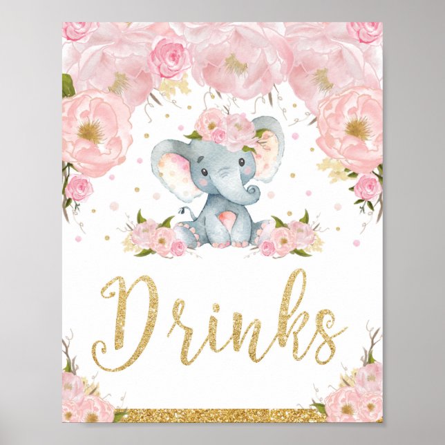 Poster Baby shower rose Floral Elephant Boissons Signer D (Devant)