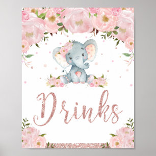 Poster Baby shower rose Floral Elephant Boissons Signer D