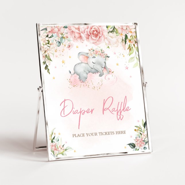 Poster Baby shower rose Floral Eléphant Déchets Raffin (Pink Floral Sleeping Elephant Baby Shower Diaper Raffle Sign)
