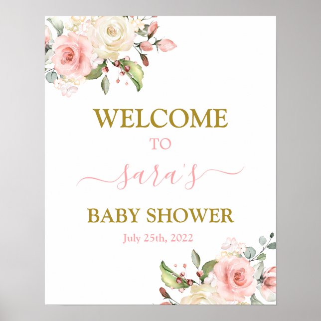 Poster Baby shower rose floral Fille Signal de bienvenue (Devant)