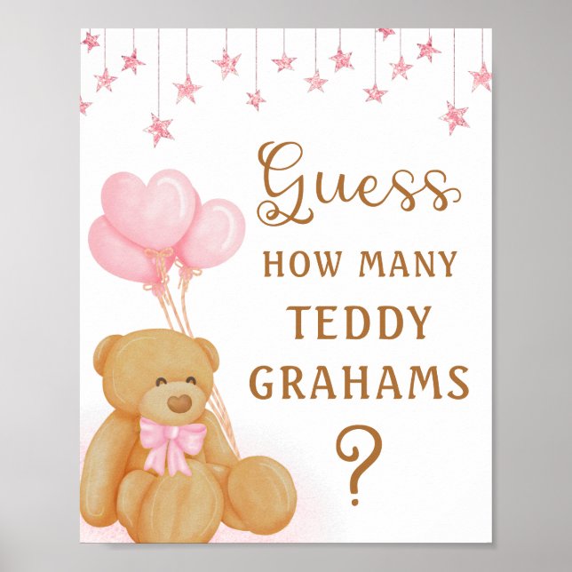 Poster Baby shower rose Jeu de devinette Signé Teddy Bear (Devant)