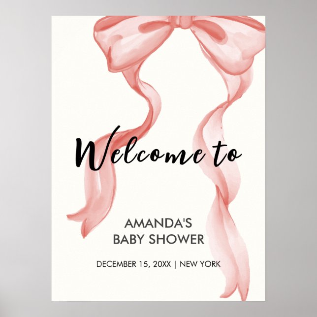 Poster Baby shower rose moderne élégante Bow Girl Bienven (Devant)