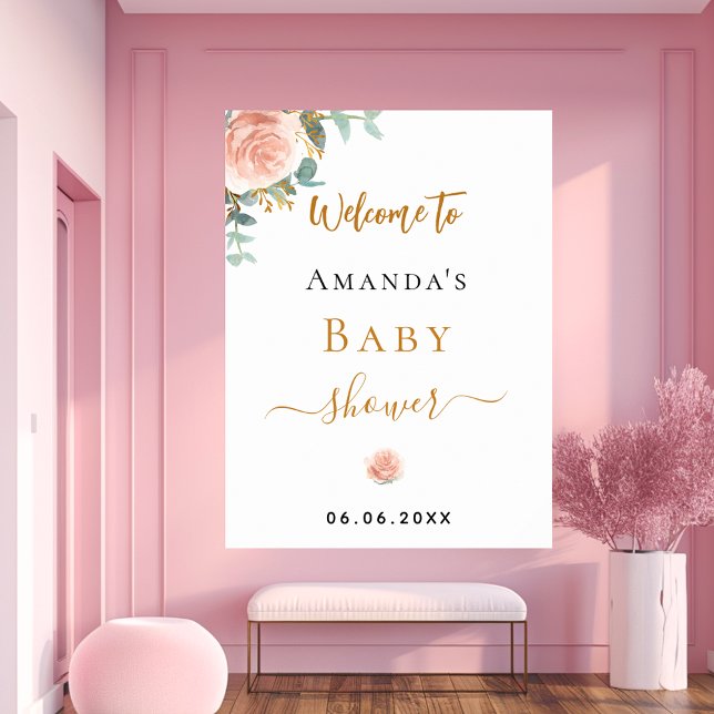 Poster Baby shower rose or fleuri eucalyptus bienvenue (Créateur téléchargé)