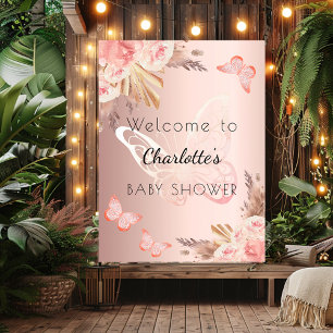 Poster Baby shower rose or rousse papillon bienvenue