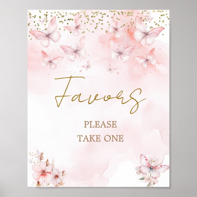 Poster Baby shower rose papillon Fille Faveur Signer (Devant)