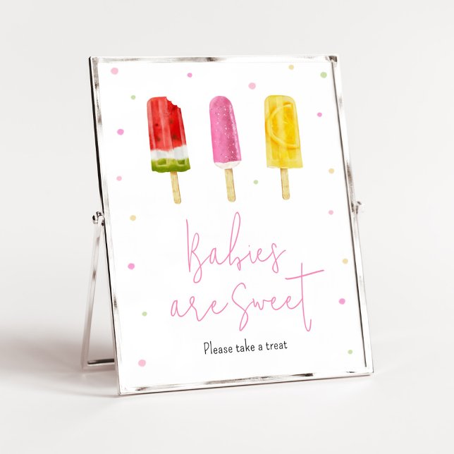 Poster Baby shower rose Popsicle Les bébés sont doux (She's Ready to Pop Baby Shower Babies are Sweet Sign)