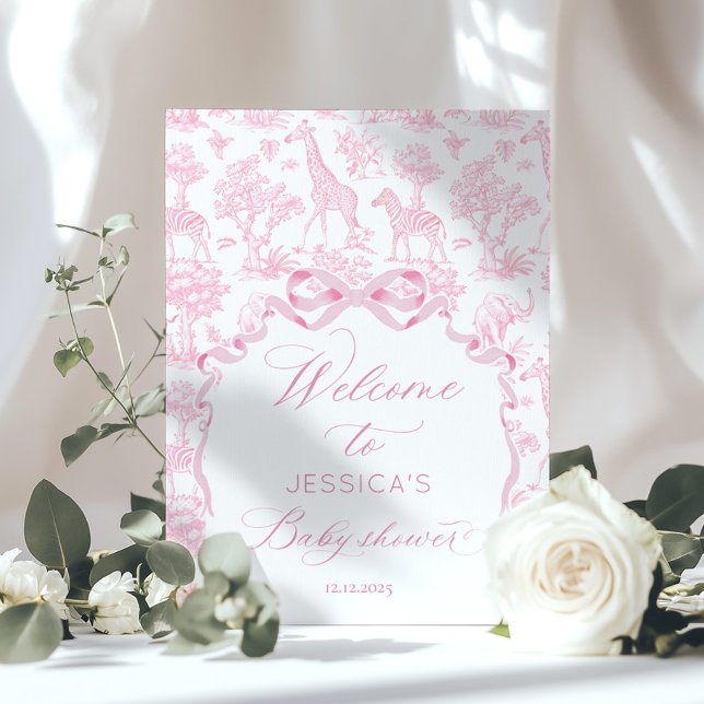Poster Baby shower rose Toile de Jouy Safari Accueil (Créateur téléchargé)