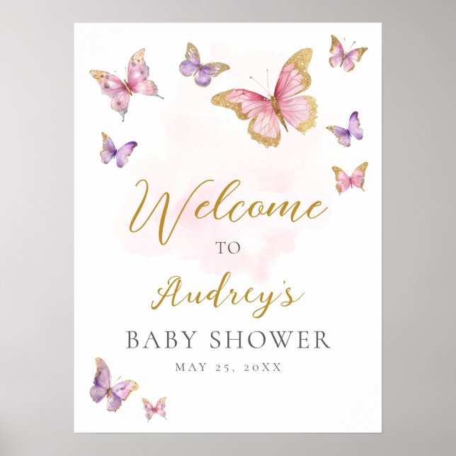 Poster Baby shower rose violet or papillon  Bienvenue (Devant)